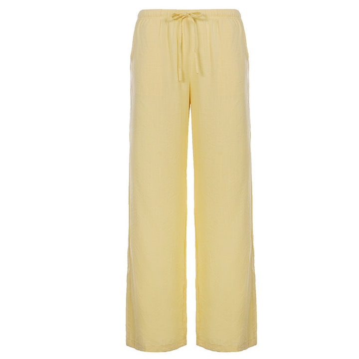 Damen Leinen-Loungehose mit weitem Bein, Tunnelzug und Seitentaschen – Avélisse