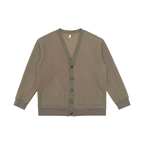 Unisex Waffelstruktur-Cardigan mit V-Ausschnitt, Knopfleiste und aufgesetzten Eingrifftaschen Echoarchiv