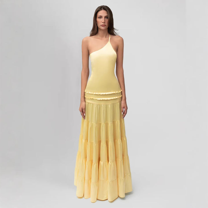 Damen elegantes asymmetrisches Maxikleid mit Rüschendetails Echo Archiv