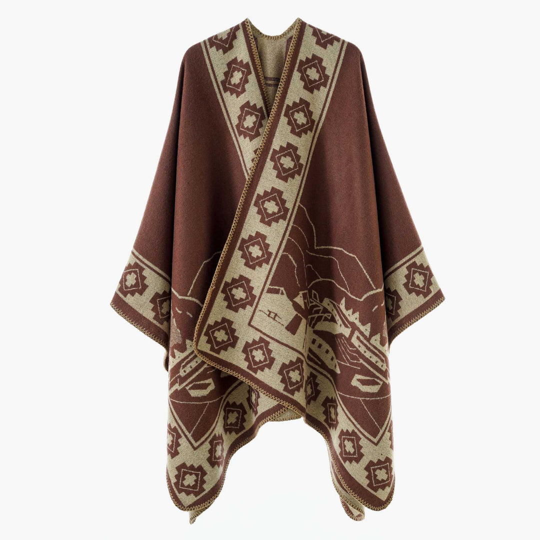 Damen Jacquard‑Strickponcho mit offenem Fall und Bordüren‑Detail Echo Archiv