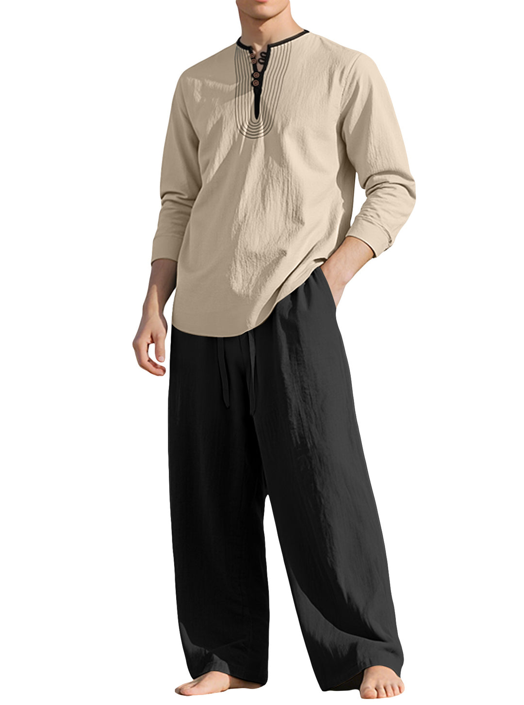 Herren nan Tunika- und Palazzohose-Set mit Henley-Blende, Zierstickerei und weitem Schnitt Echo Archiv