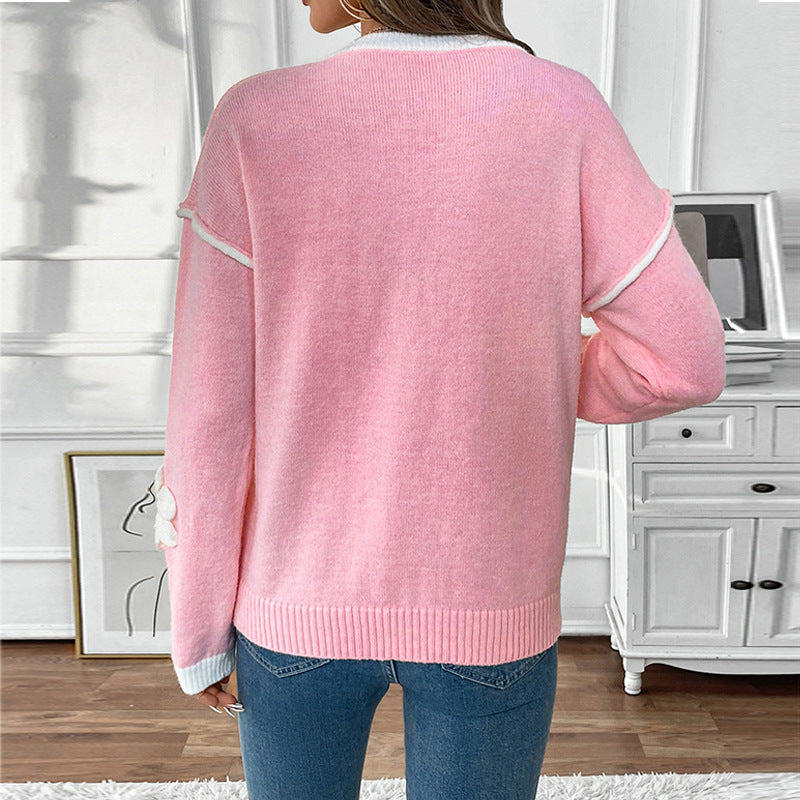 Damen V-Ausschnitt Feinstrickpullover mit dreidimensionalen Blütenapplikationen Echoarchiv
