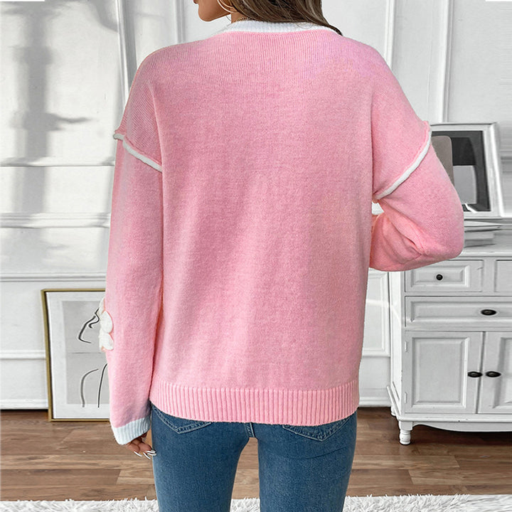 Damen V-Ausschnitt Feinstrickpullover mit dreidimensionalen Blütenapplikationen Echoarchiv