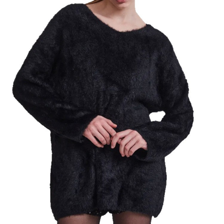 Damen Oversize-Flauschpullover mit V-Ausschnitt und Teddy-Optik – Mavelle