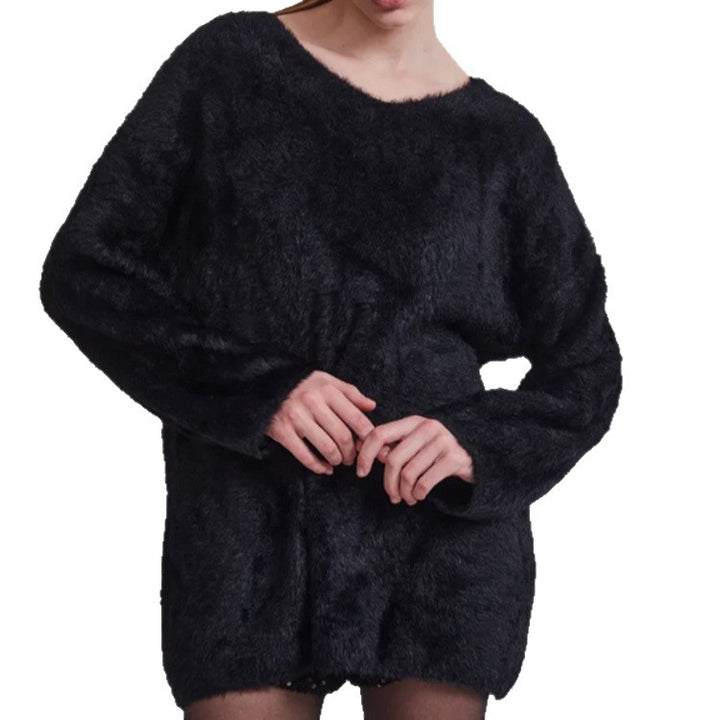 Damen Oversize-Flauschpullover mit V-Ausschnitt und Teddy-Optik – Mavelle