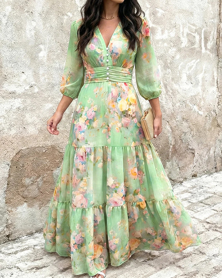 Damen Maxikleid mit Wickeloptik, V-Ausschnitt und geraffter Taillenpartie – Valéora