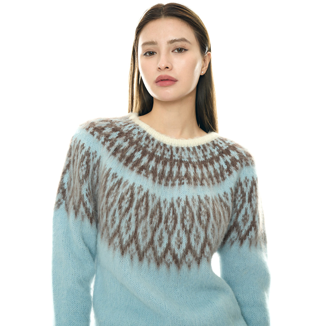 Damen Rundhals-Pullover mit Norweger-Jacquard und Mohair-Optik Echoarchiv