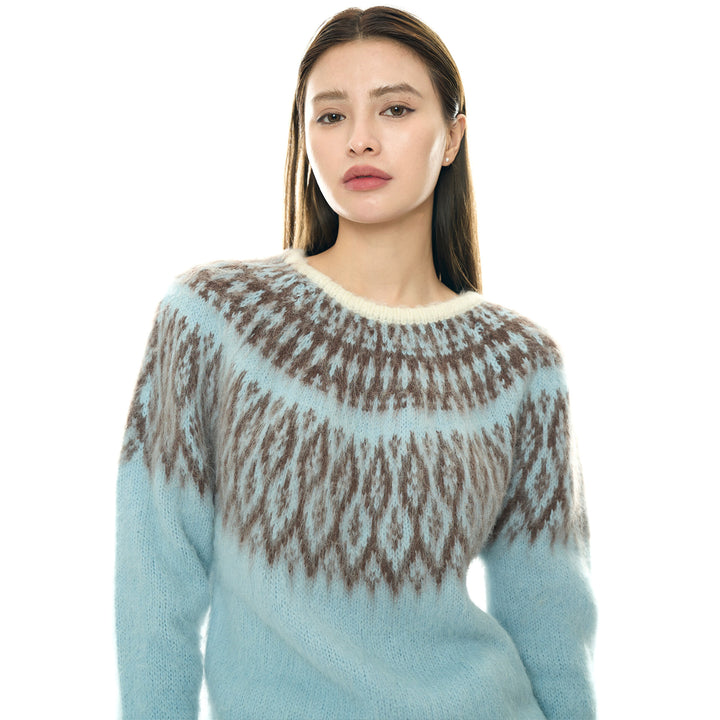Damen Rundhals-Pullover mit Norweger-Jacquard und Mohair-Optik Echoarchiv