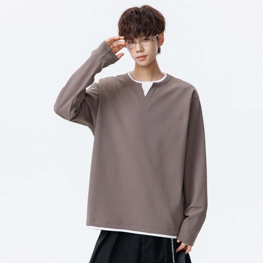 Herren Oversized Waffelstruktur-Sweatshirt mit V-Ausschnitt und Lagenoptik Echo Archiv