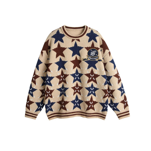 Unisex Grobgestrickter Oversize-Pullover mit Stern-Intarsien und gesticktem Logopatch Echoarchiv