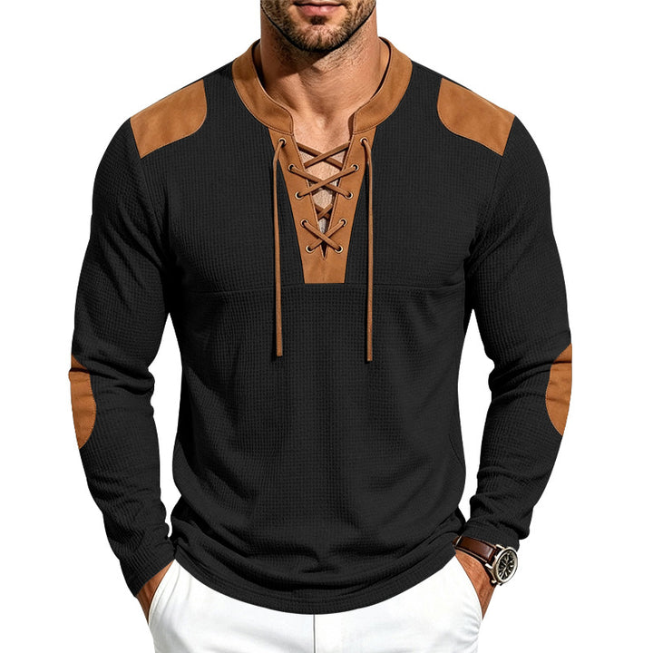 Herren Langarm-Waffelshirt mit Schnürkragen und Kunstlederapplikationen – Marzano