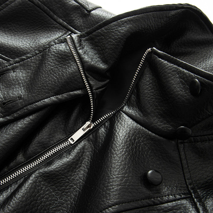 Damen asymmetrische Oversize Kunstlederjacke mit Stehkragen, Schulterklappen und Tunnelzugsaum – Célinea