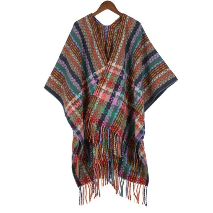 Damen Mehrfarbiger Web‑Poncho im Boho‑Patchwork‑Design mit Fransen Echo Archiv