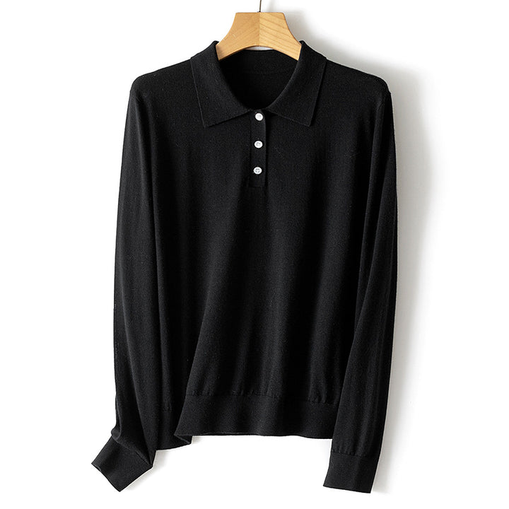 Damen Feiner Langarm-Polo-Pullover aus Feinstrick mit Knopfleiste Echoarchiv
