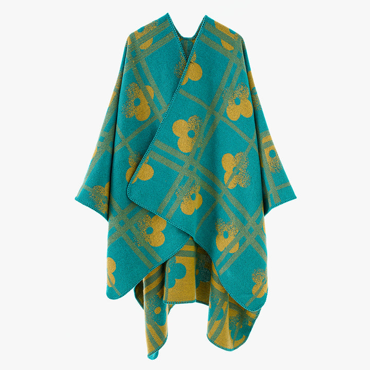 Damen Grobgewebter Deckenponcho im Ruana‑Schnitt mit floraler Karo‑Jacquard – Avérine