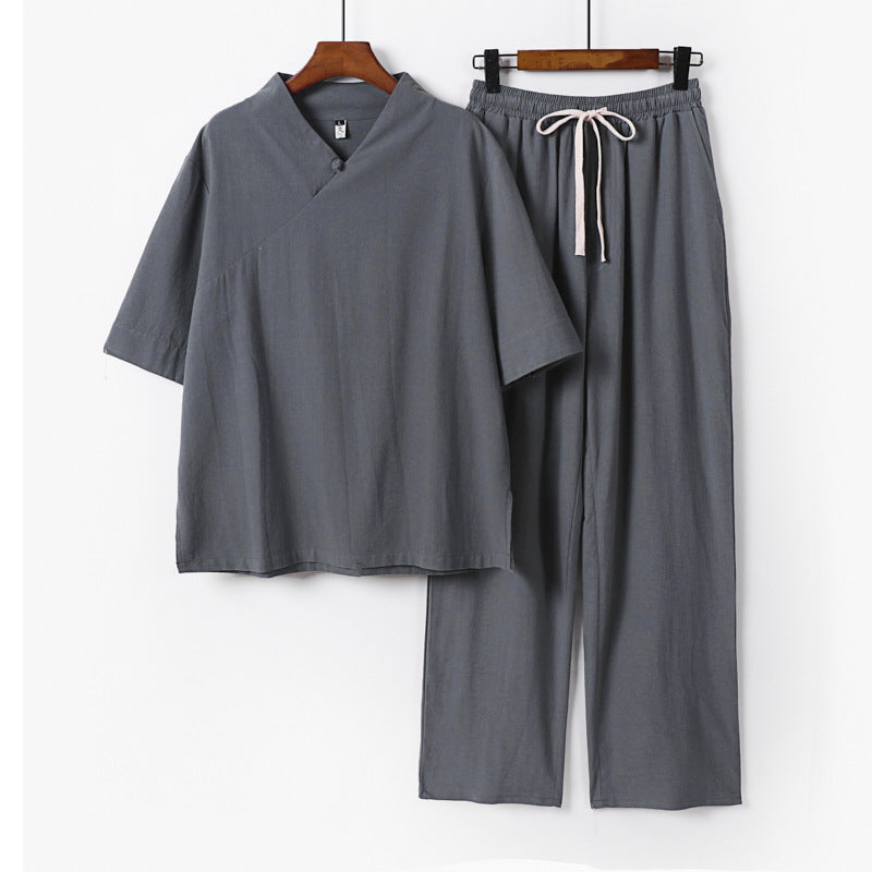 Unisex Leichtes Kimono-Loungewear-Set mit V-Ausschnitt und Tunnelzug-Hose Echoarchiv