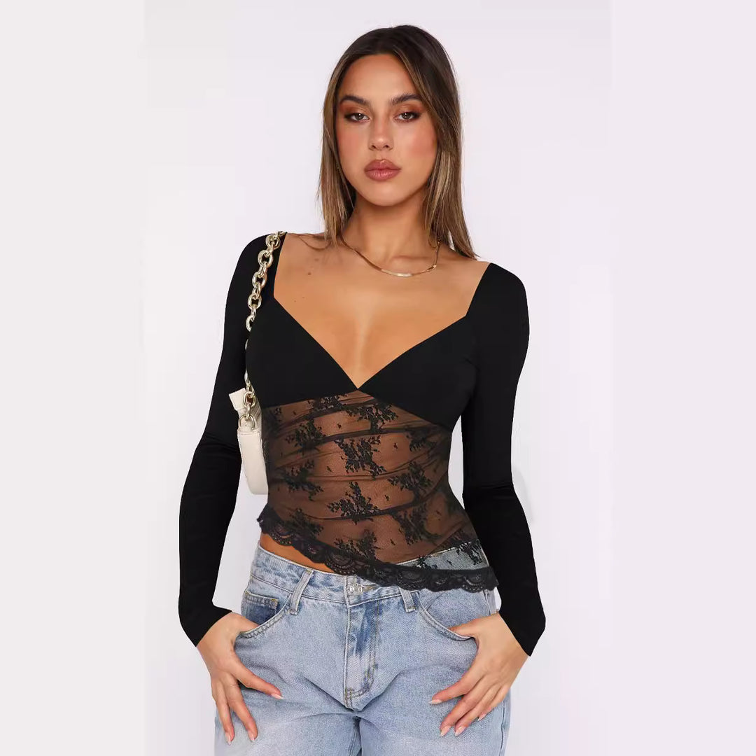 Damen Spitzenbluse mit tiefem V-Ausschnitt und langärmligem Design Echo Archiv