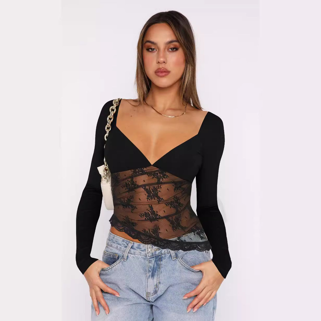 Damen Spitzenbluse mit tiefem V-Ausschnitt und langärmligem Design – Élovi