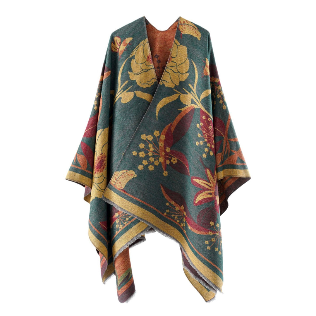Damen Floraler Jacquard-Überwurf im kastigen Kimono-Fall mit feiner Fransenkante – Célinea