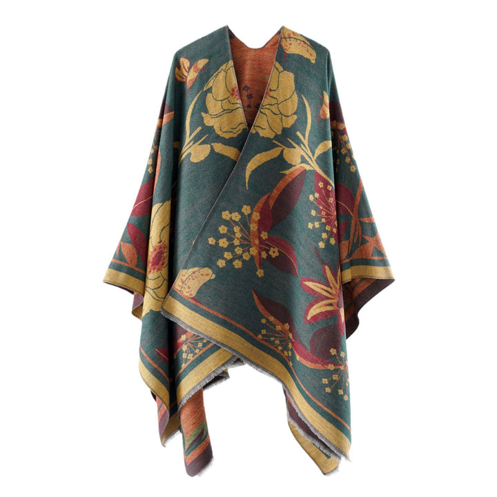 Damen Floraler Jacquard-Überwurf im kastigen Kimono-Fall mit feiner Fransenkante – Célinea