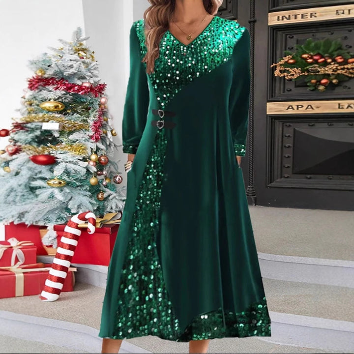 Damen nan festliches Pailletten-Panel-Maxikleid mit V-Ausschnitt langen Ärmeln und dekorativen Taillengurten Echo Archiv