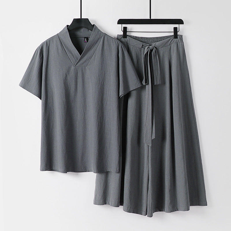 Damen Leichtes Loungewear-Set mit V-Ausschnitt-Shirt und weit schwingendem Midirock mit Kordelzug Echoarchiv