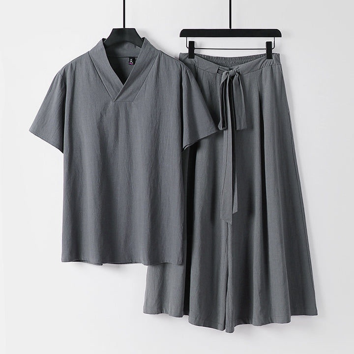 Damen Leichtes Loungewear-Set mit V-Ausschnitt-Shirt und weit schwingendem Midirock mit Kordelzug Echoarchiv