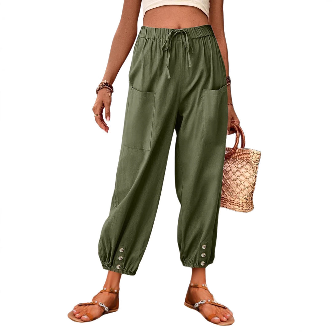 Damen Leinenlook Loungehosen mit hohem elastischem Taillenbund, Kordelzug, aufgesetzten Taschen und geknöpftem Saum – Avélisse