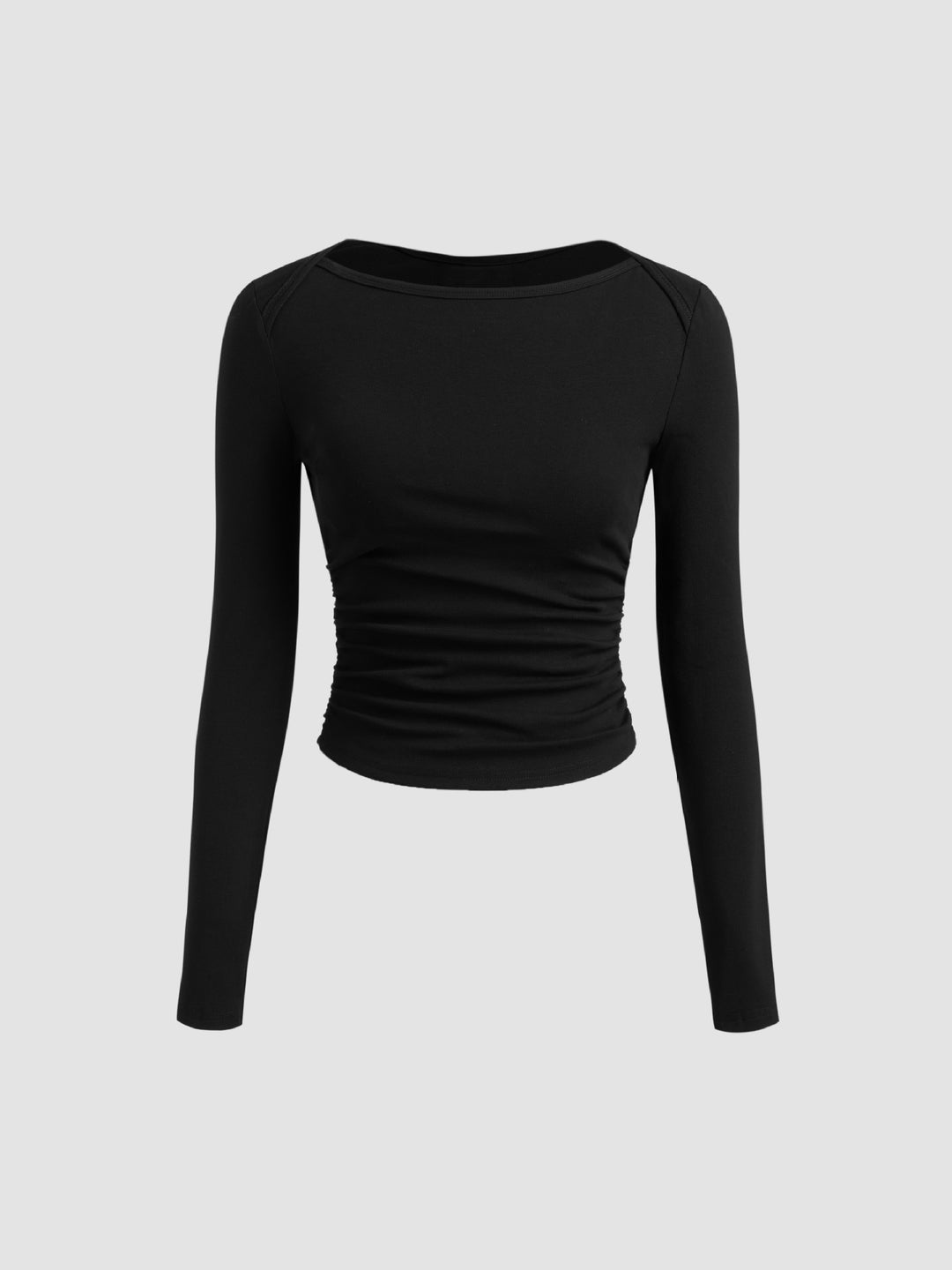 Damen Figurbetontes Langarm-Shirt mit U-Boot‑Ausschnitt und seitlicher Raffung – Avérine