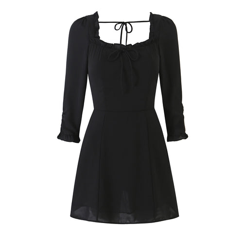 Damen A‑Linien Minikleid mit Rüschen-Quadratausschnitt, taillierter Silhouette und Bindebändern Echoarchiv