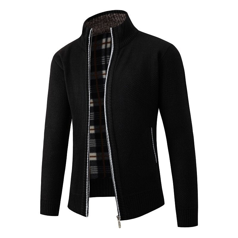 Herren Strukturiertes Zip-Strickjacke mit Karo‑Fleece‑Futter und Stehkragen Echo Archiv