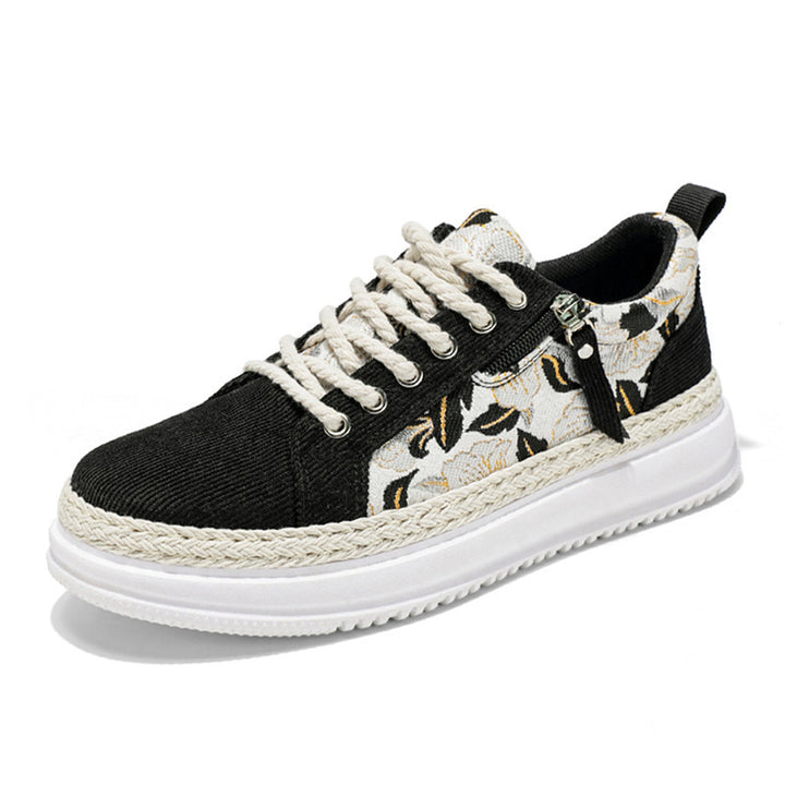 Damen gestickte Espadrille-Plateau-Sneaker mit floralem Jacquard, geflochtener Kordelsohle und gepolstertem Innenfutter Echo Archiv