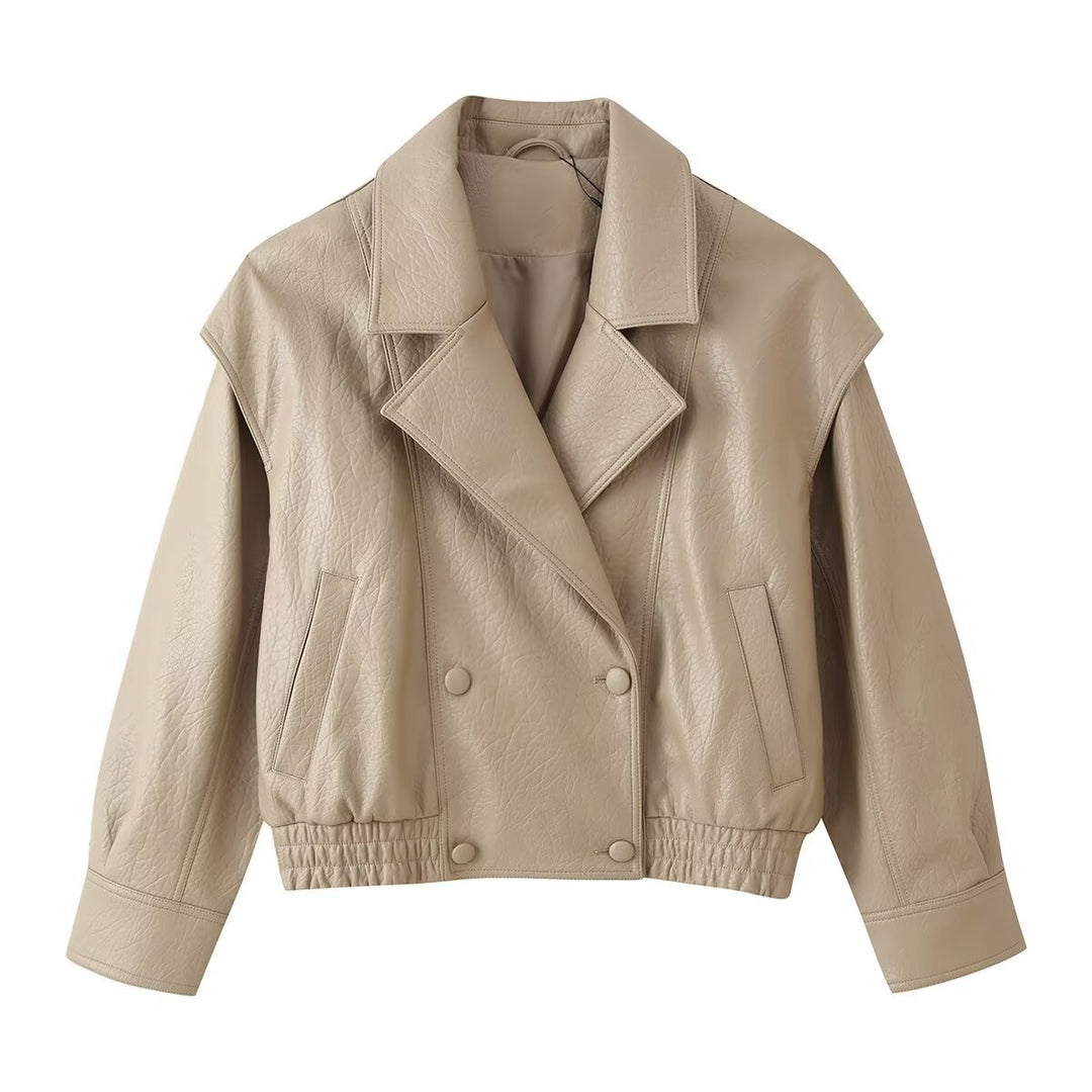 Damen Cropped Lederoptik‑Blouson mit Doppelreihe, elastischem Saum und Oversize‑Revers Echoarchiv