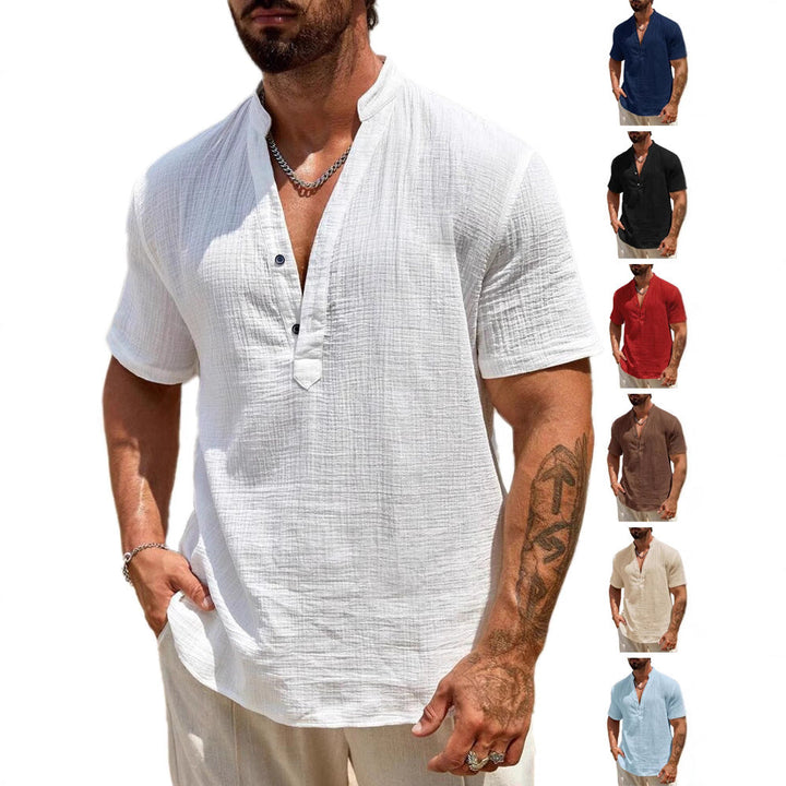 Herren Kurzarm Henley Hemd mit modernem Stehkragen aus leichtem Baumwollmaterial Echoarchiv