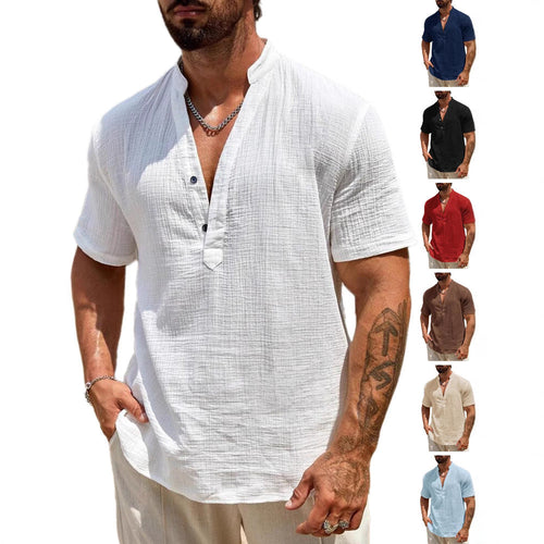 Herren Kurzarm Henley Hemd mit modernem Stehkragen aus leichtem Baumwollmaterial Echoarchiv