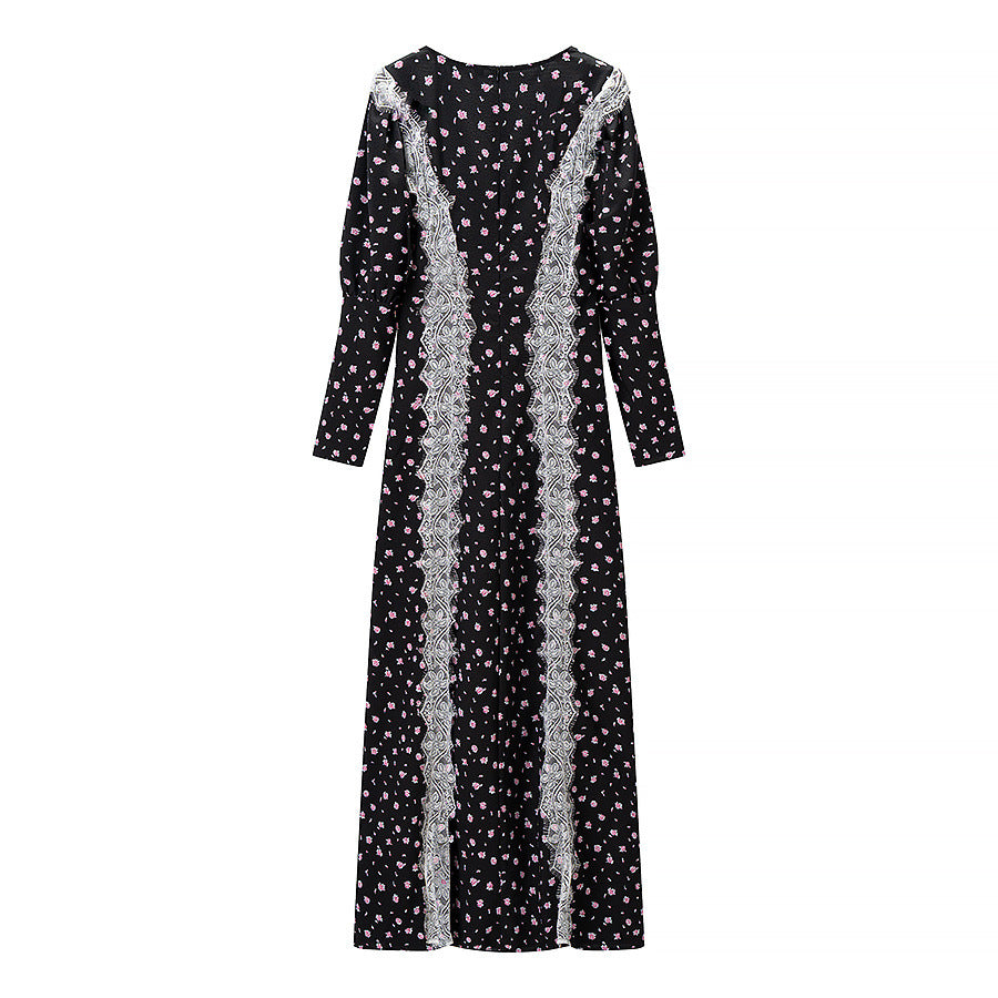 Damen Maxikleid mit Spitzeneinsatz, langen Ärmeln und floralem Allover-Print Echoarchiv