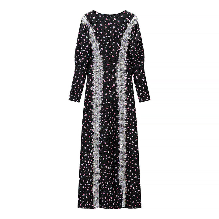 Damen Maxikleid mit Spitzeneinsatz, langen Ärmeln und floralem Allover-Print Echoarchiv
