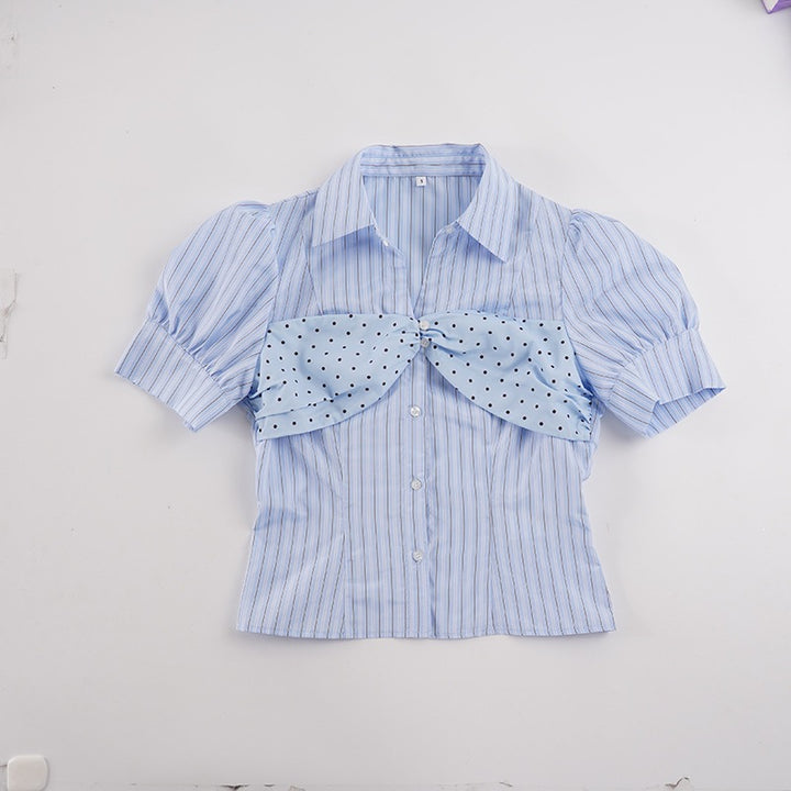 Damen Stylische gestreifte Bluse mit Rüschendetail und Punktenmuster Echo Archiv