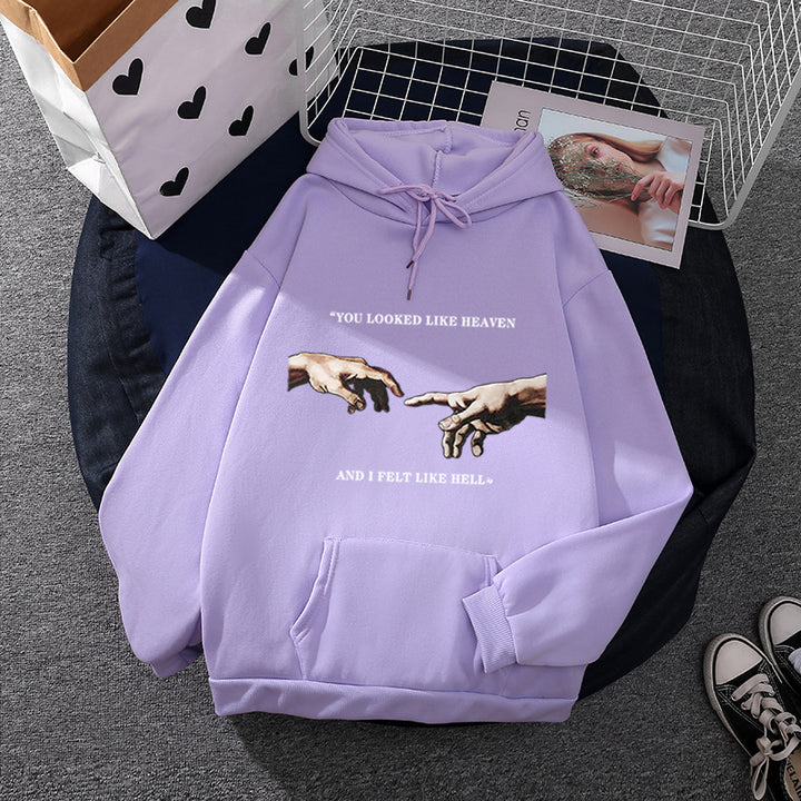 Damen Oversize Kapuzenpullover mit Kängurutasche und Renaissance‑Handmotiv, weiches Fleece Innenfutter – Auréline