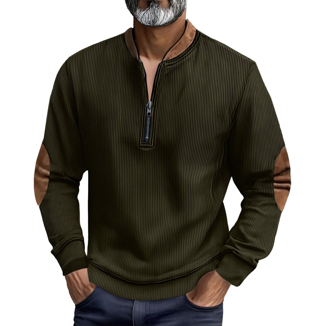 Herren eleganter Pullover mit Stehkragen und modischen Ledereinsätzen Echoarchiv
