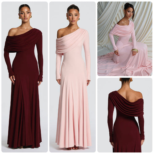 Damen Elegantes Langarm-Maxikleid mit asymmetrischem Drapierungsdetail Echoarchiv