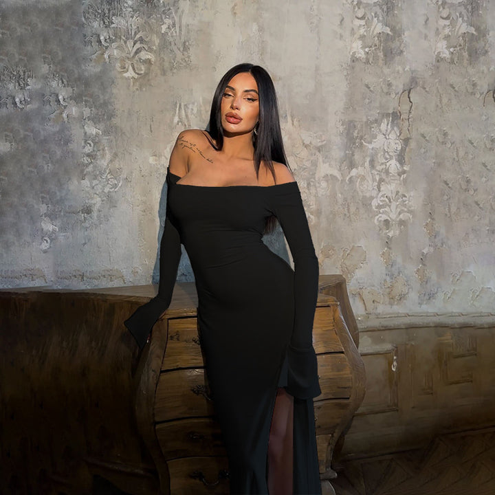 Damen figurbetontes schulterfreies Maxikleid mit elegantem Schlitz Echo Archiv