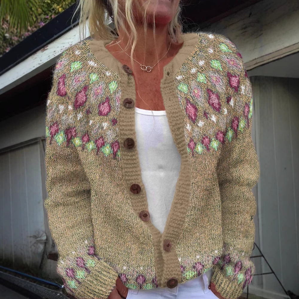 Damen nan gemusterte Strickjacke mit Rundpasse, Holzknöpfen und Eingrifftaschen Echo Archiv