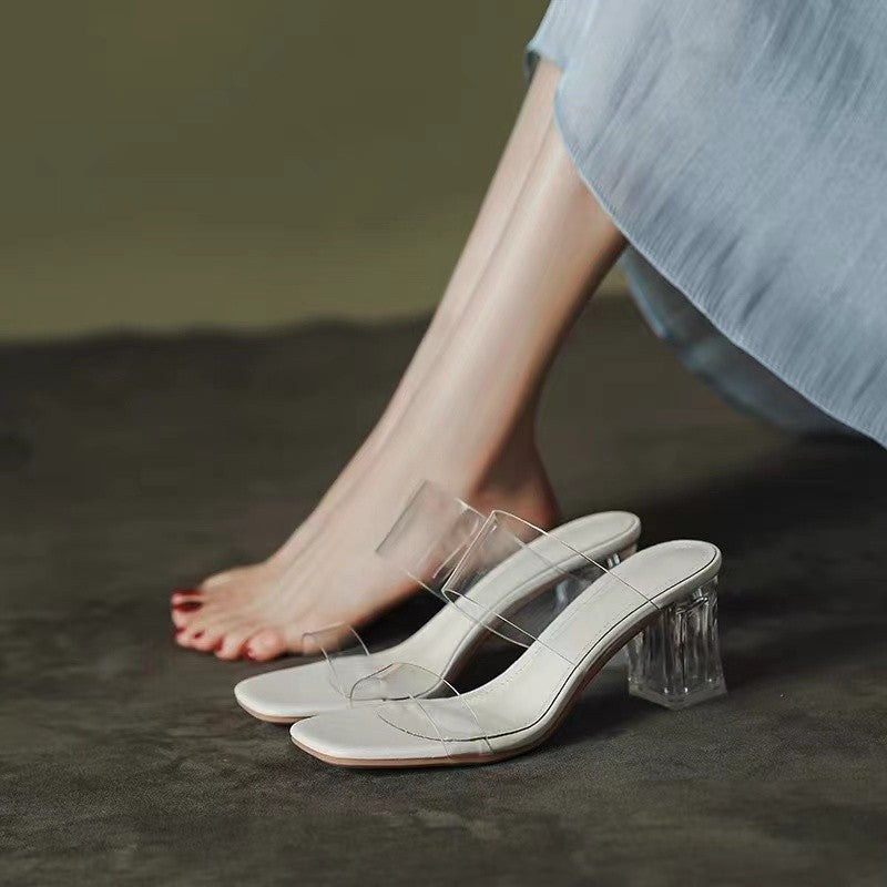 Damen Minimalistische Doppelriemen Mules mit transparentem Obermaterial und geometrischem Blockabsatz – Avérine
