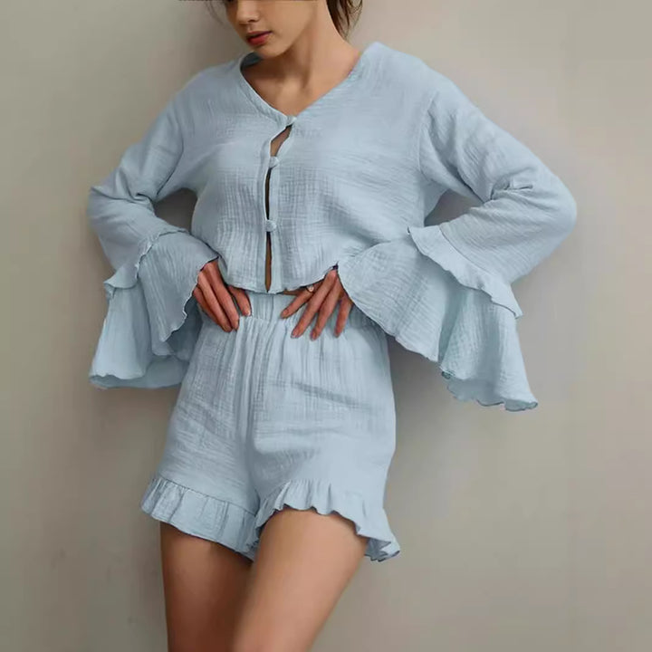 Damen Zweiteiliges Crinkle-Lounge-Set mit Volant-Shorts und gestuften Trompetenärmeln Echo Archiv
