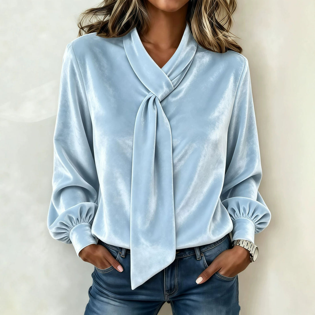 Damen Samtbluse mit Schluppe, Ballonärmeln und gerafften Manschetten Echo Archiv