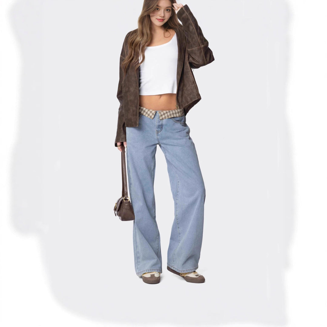 Damen nan weite Schlagjeans mit umgeschlagenem Karobund und klassischem Five-Pocket-Schnitt Echo Archiv