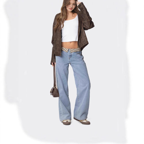 Damen nan weite Schlagjeans mit umgeschlagenem Karobund und klassischem Five-Pocket-Schnitt Echo Archiv