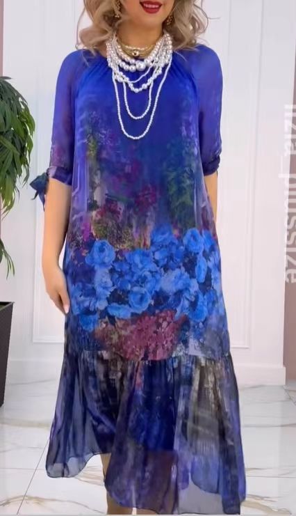 Damen Elegantes Chiffon Maxikleid mit floralen Akzenten, gestuftem Rock und 3/4-Ärmeln Echoarchiv