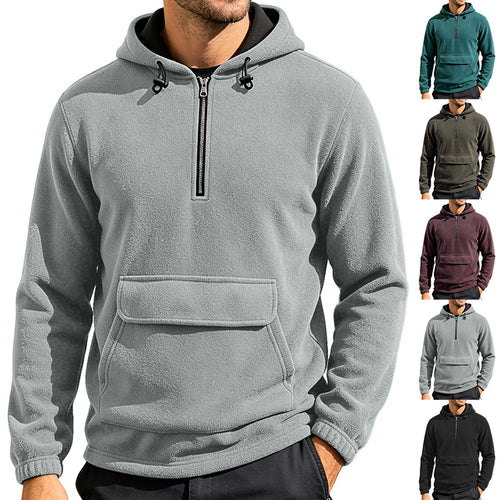 Herren Fleece-Hoodie mit halbem Reißverschluss, Kängurutasche und verstellbarer Kapuze – Cavarno
